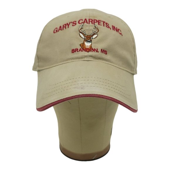 Garys Carpets Buck Deer Logo Strapback Cap Trucker Baseball Hat Khaki Red Trim - Picture 7 of 12